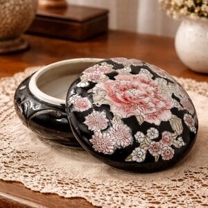 Vintage Black Ceramic Floral Trinket Box Peony Hand Painted Round Ginger Jar 7in